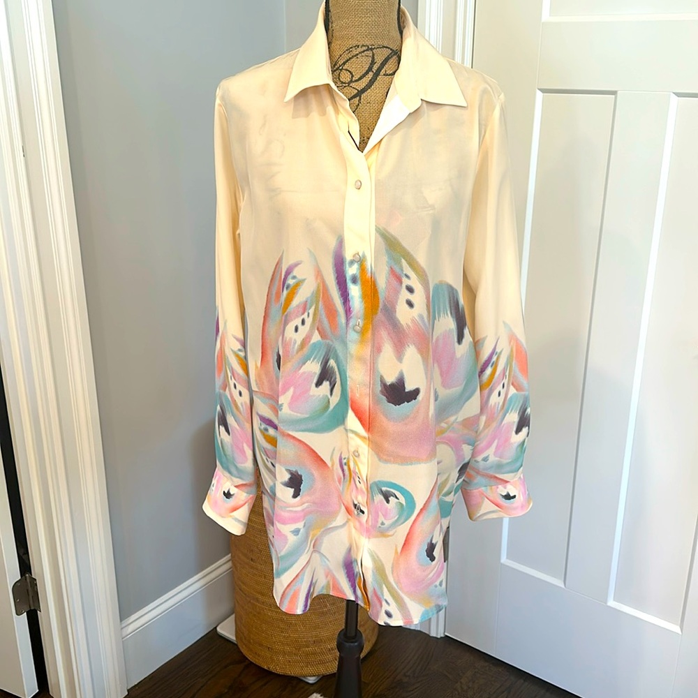 Etro Cream Silk Button-Up Blouse with Pastel Abstract Print